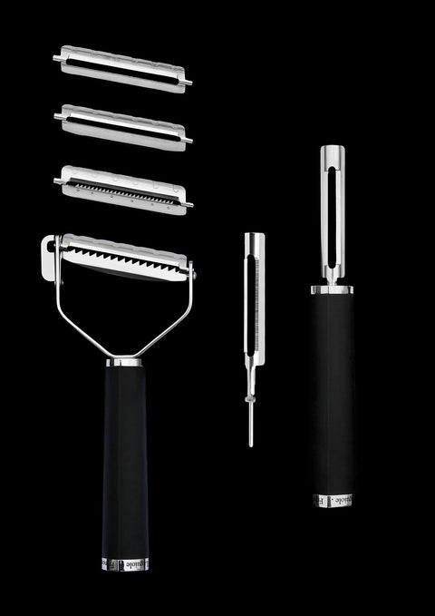Peelers by Michel BRAS Kitchenware: T Peeler with 3 interchangeable blades and I shaped peeler with 2 interchangeable blades enabling various peeling shapes