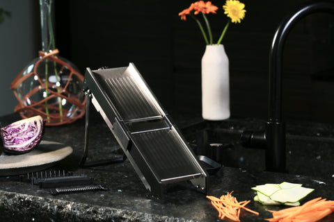 La Mandoline by Michel BRAS Kitchenware with 5 interchangeable and combinable blades for various vegetable slicing styles with a luxurious appearance appropriate to be performed in front of guests.