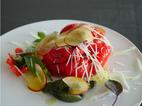 A feast of colors, textures and flavors – Roasted red Bell pepper, a julienne of celery and sliced fruits.