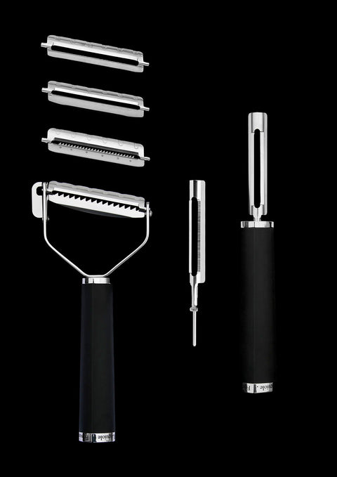 Peelers by Michel BRAS Kitchenware: T Peeler with 3 interchangeable blades and I shaped peeler with 2 interchangeable blades enabling various peeling shapes 